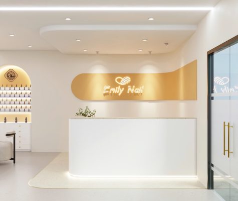 Thiết kế tiệm nail hiện đại tại Mỹ với bố cục tối giản và không gian sang trọng.